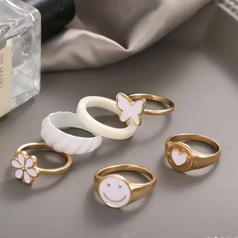NEW Set of 6 retro style rings, floral boho jewelry, smiley face ring, flowers